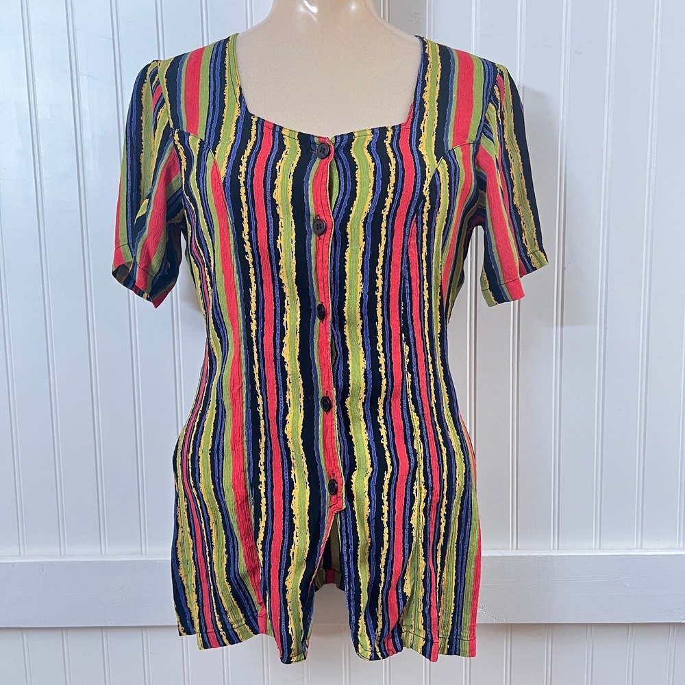 Vtg Top Multi Color Indie Funky Striped Short Sleeve Square Neck Button Front